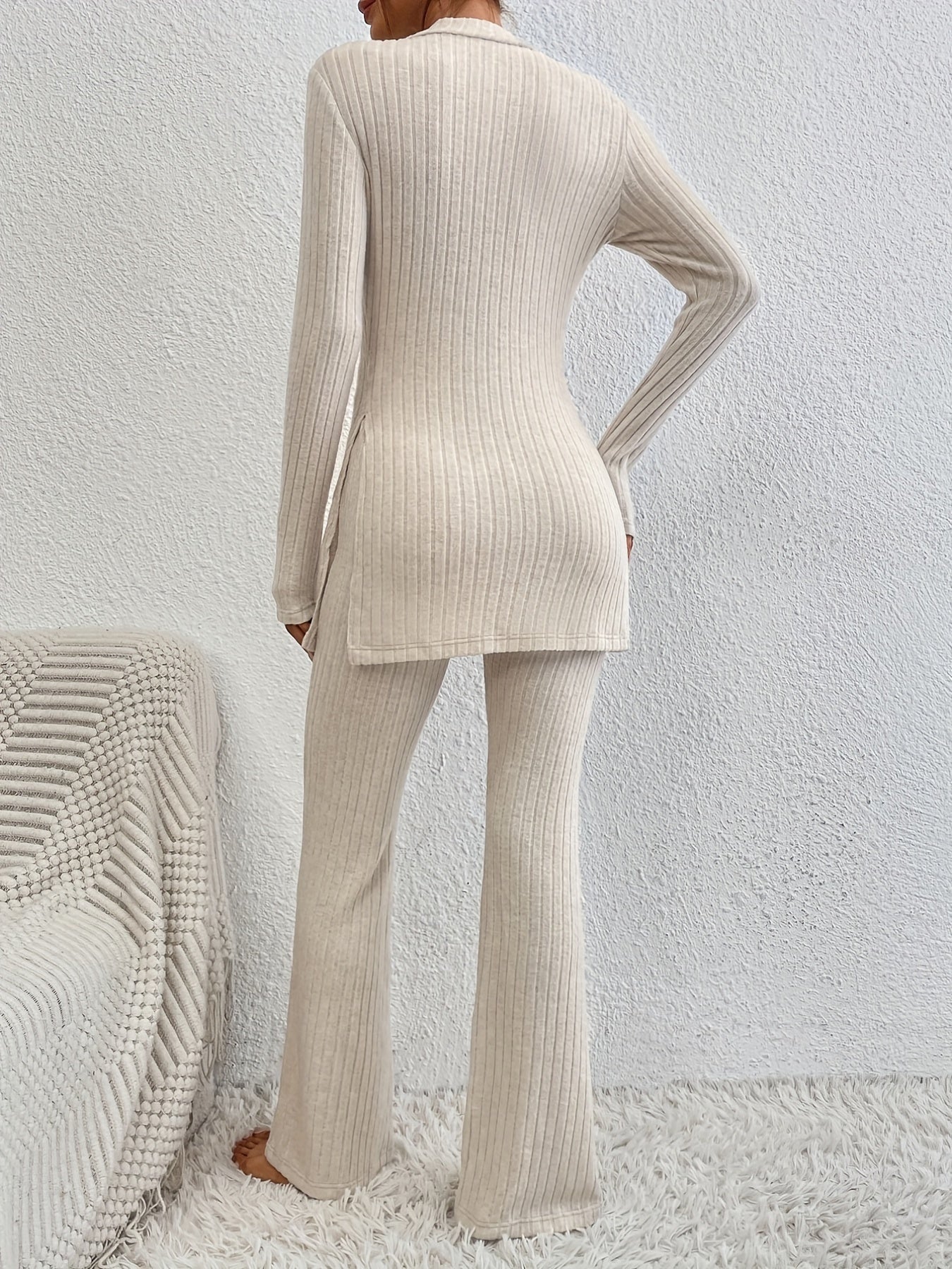 gbolsos Solid Ribbed Lounge Set, Long Sleeve Side Split Top & Elastic Waistband Pants, Women's Loungewear & Sleepwear