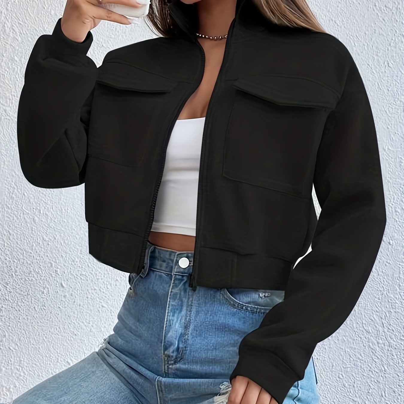 gbolsos Zip Front Flap Pockets Jacket, Casual Turtleneck Crop Jacket For Fall, Women's Clothing