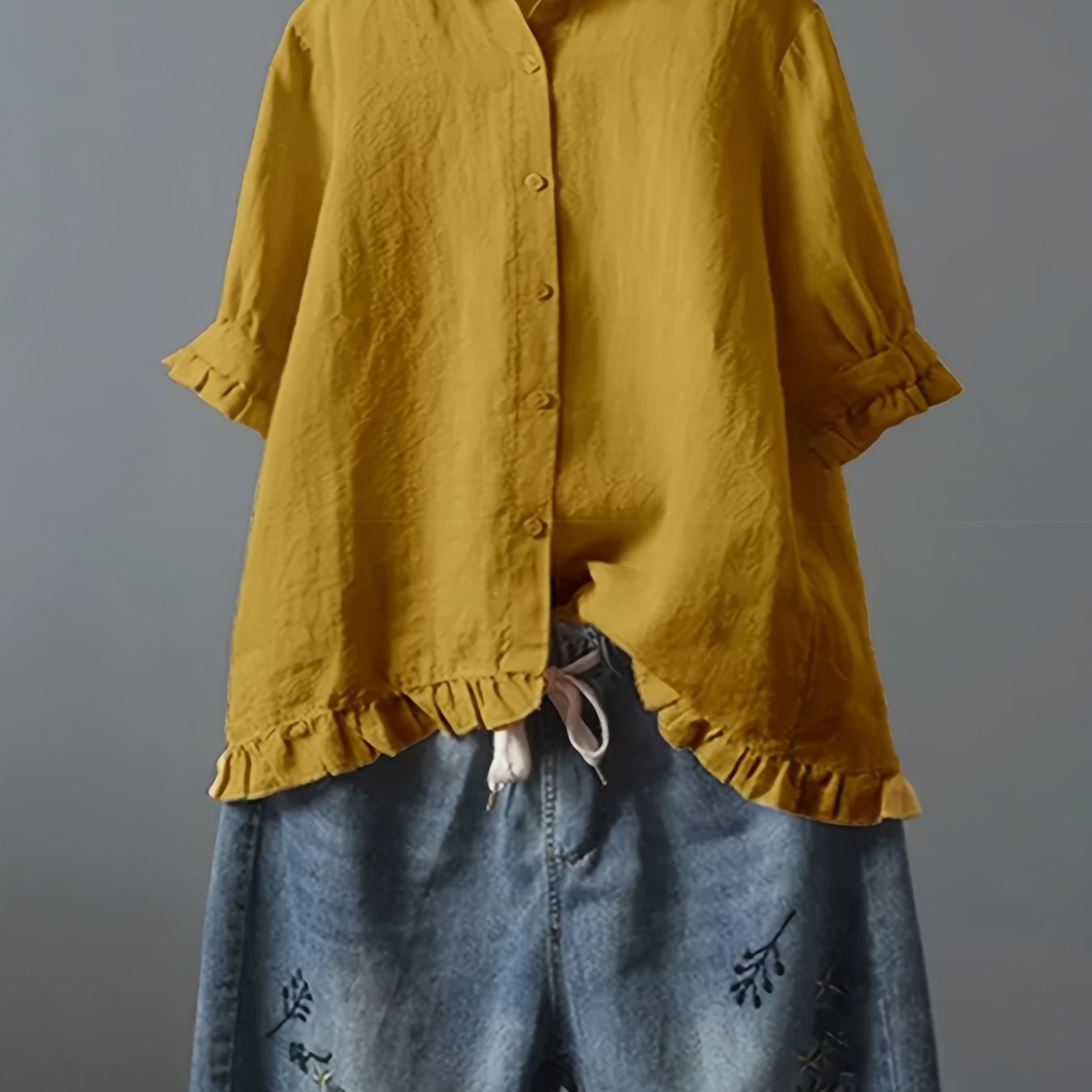 Solid Ruffle Trim 3/4 Sleeve T-Shirt, Casual All-Seasons Tops, Women's Clothing