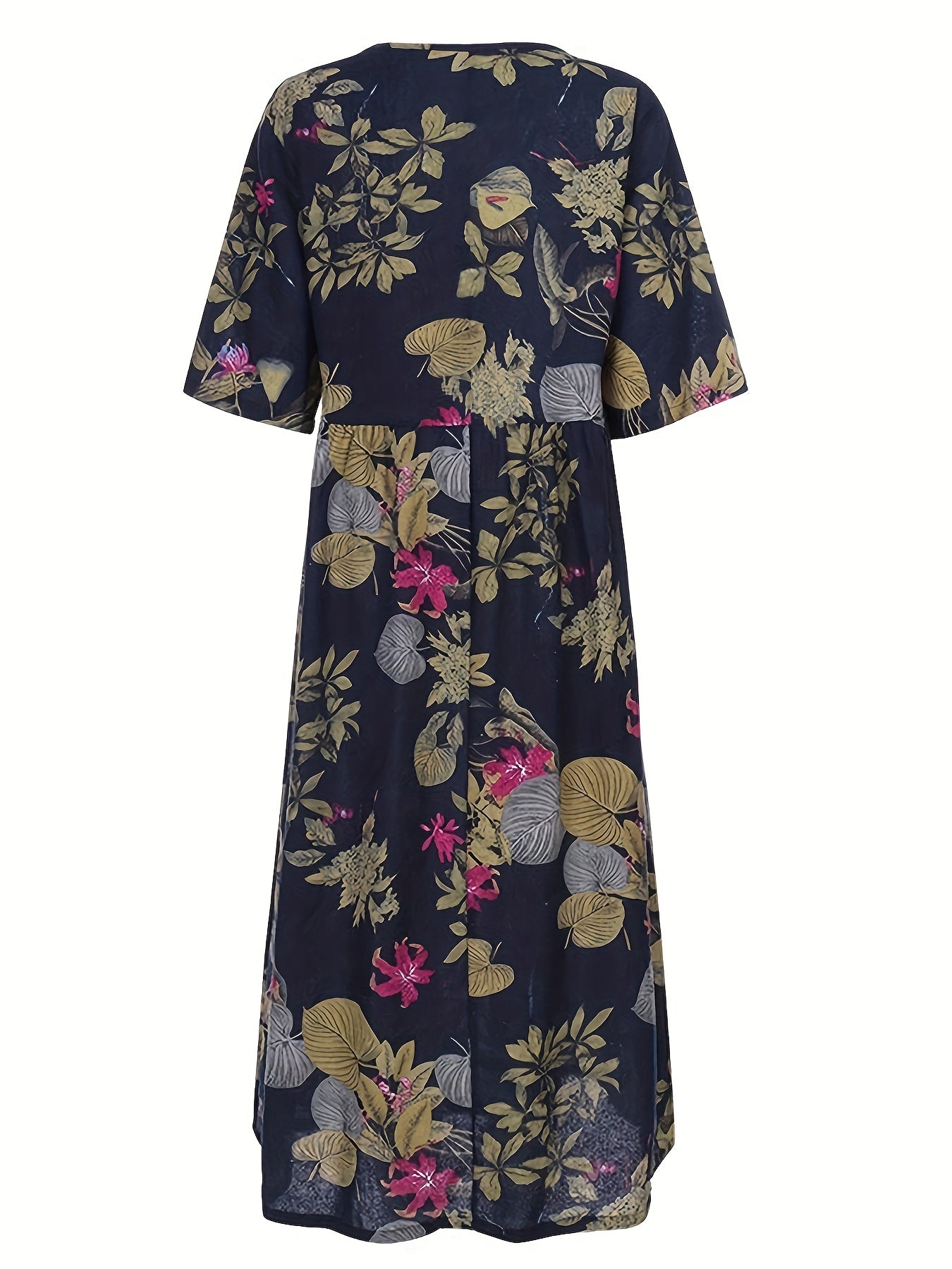 gbolsos Plus Size Casual Dress, Women's Plus Floral Print Half Sleeve Round Neck Maxi Dress