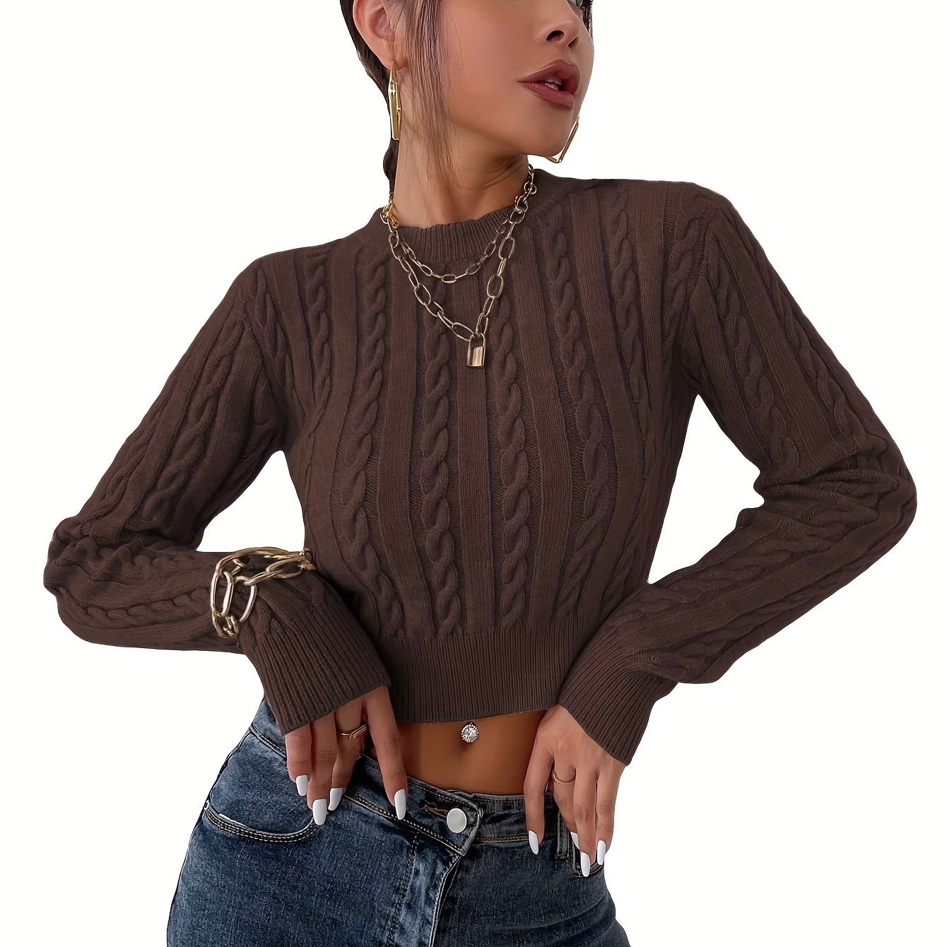 gbolsos Solid Crew Neck Cable Knit Sweater, Casual Long Sleeve Crop Slim Sweater, Women's Clothing