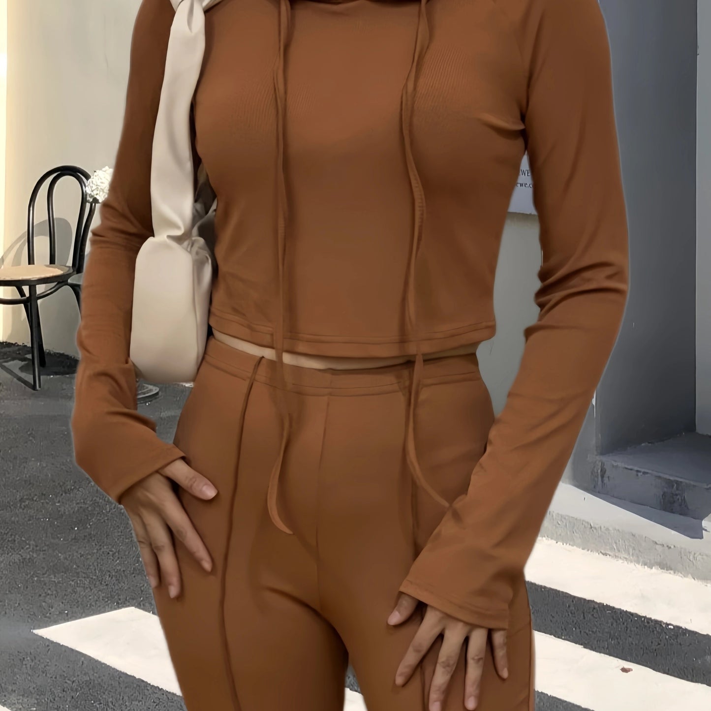 gbolsos Solid Drawstring Hooded T-Shirt, Casual Long Sleeve Top For Spring & Fall, Women's Clothing