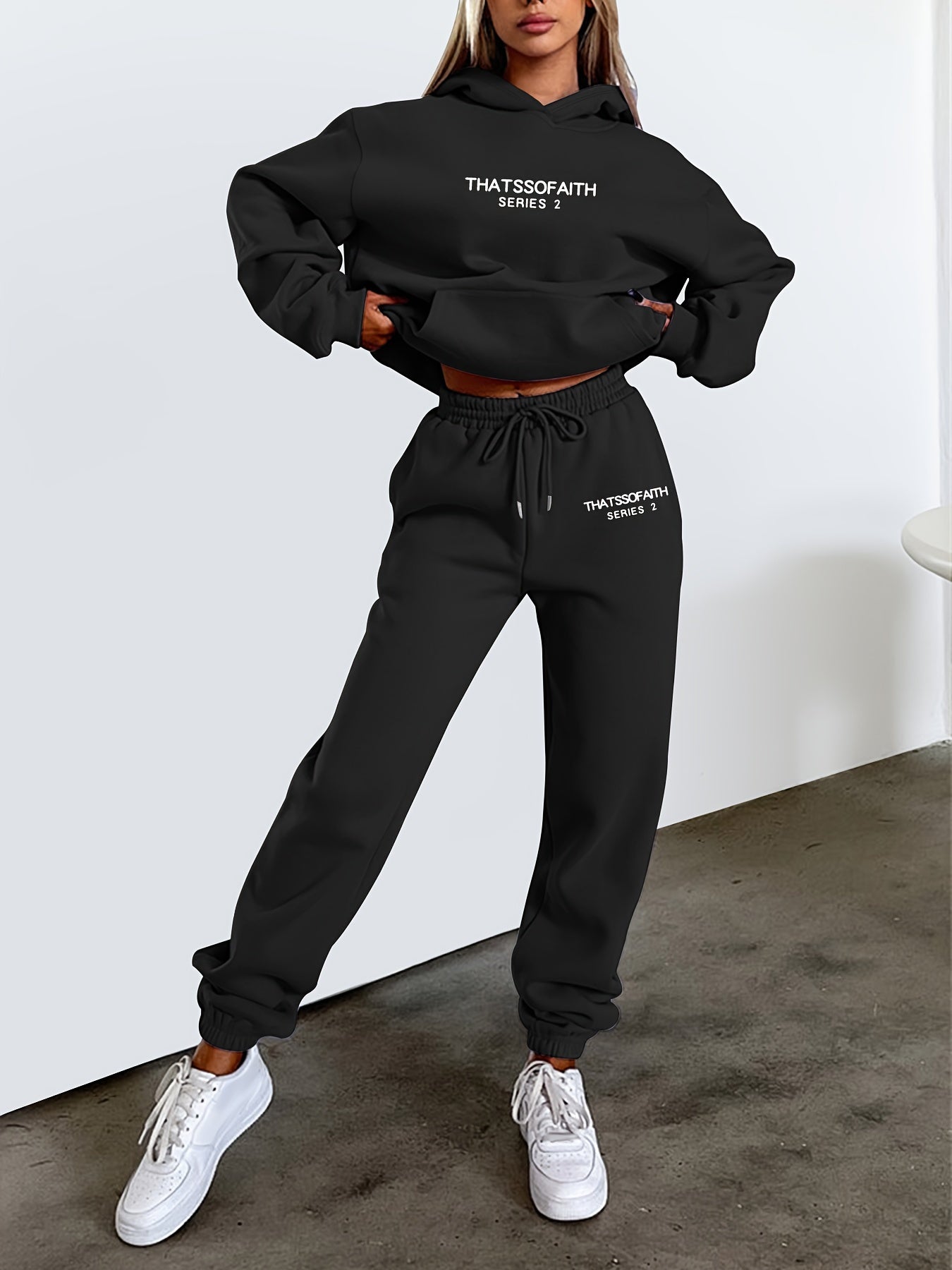 gbolsos Letter Print Casual Two-piece Set, Drawstring Hooded Tops & Drawstring Jogger Pants Outfits, Women's Clothing