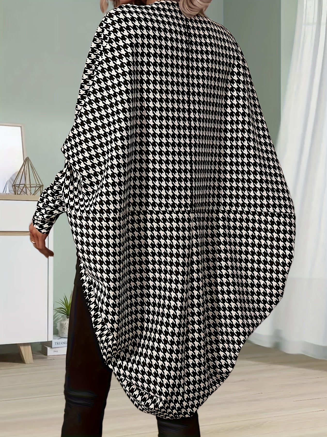 gbolsos Houndstooth Print Open Front Cardigan, Batwing Sleeve Cardigan For Spring & Fall, Women's Clothing