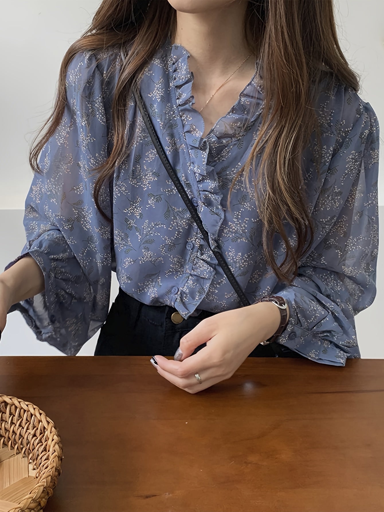 gbolsos Allover Print Ruffle Trim Blouse, Elegant Long Sleeve Blouse For Spring & Fall, Women's Clothing