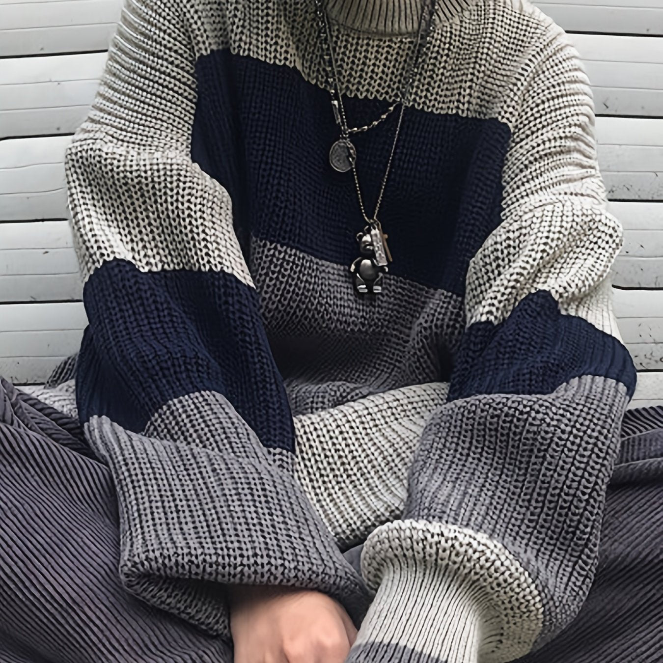 gbolsos Color Block Crew Neck Pullover Sweater, Vintage Long Sleeve Oversized Slouchy Sweater, Women's Clothing