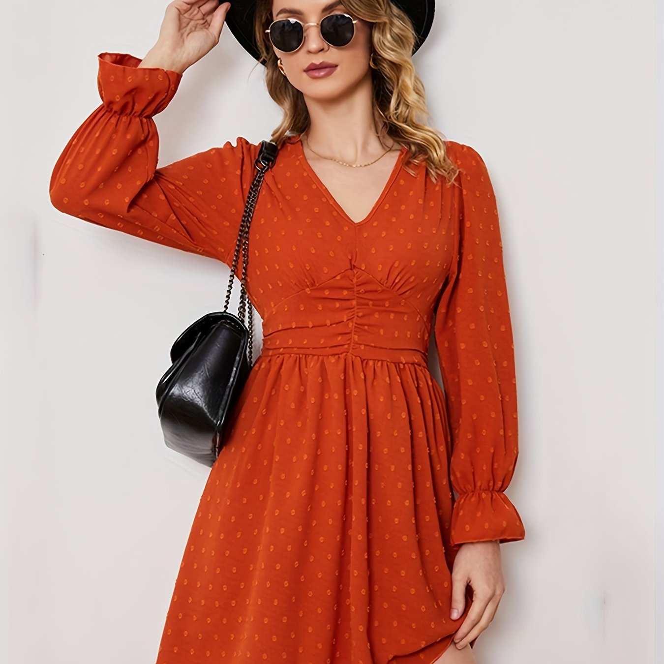 Polka Dot Ruched Dress, Casual Solid V Neck High Waist Long Sleeve Mini Dress, Women's Clothing