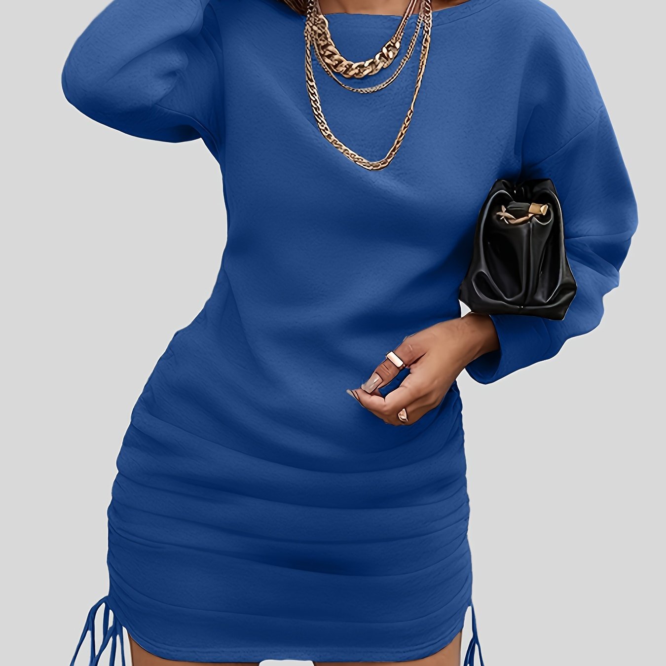 Ruched Drawstring Dress, Casual Crew Neck Long Sleeve Dress, Women's Clothing