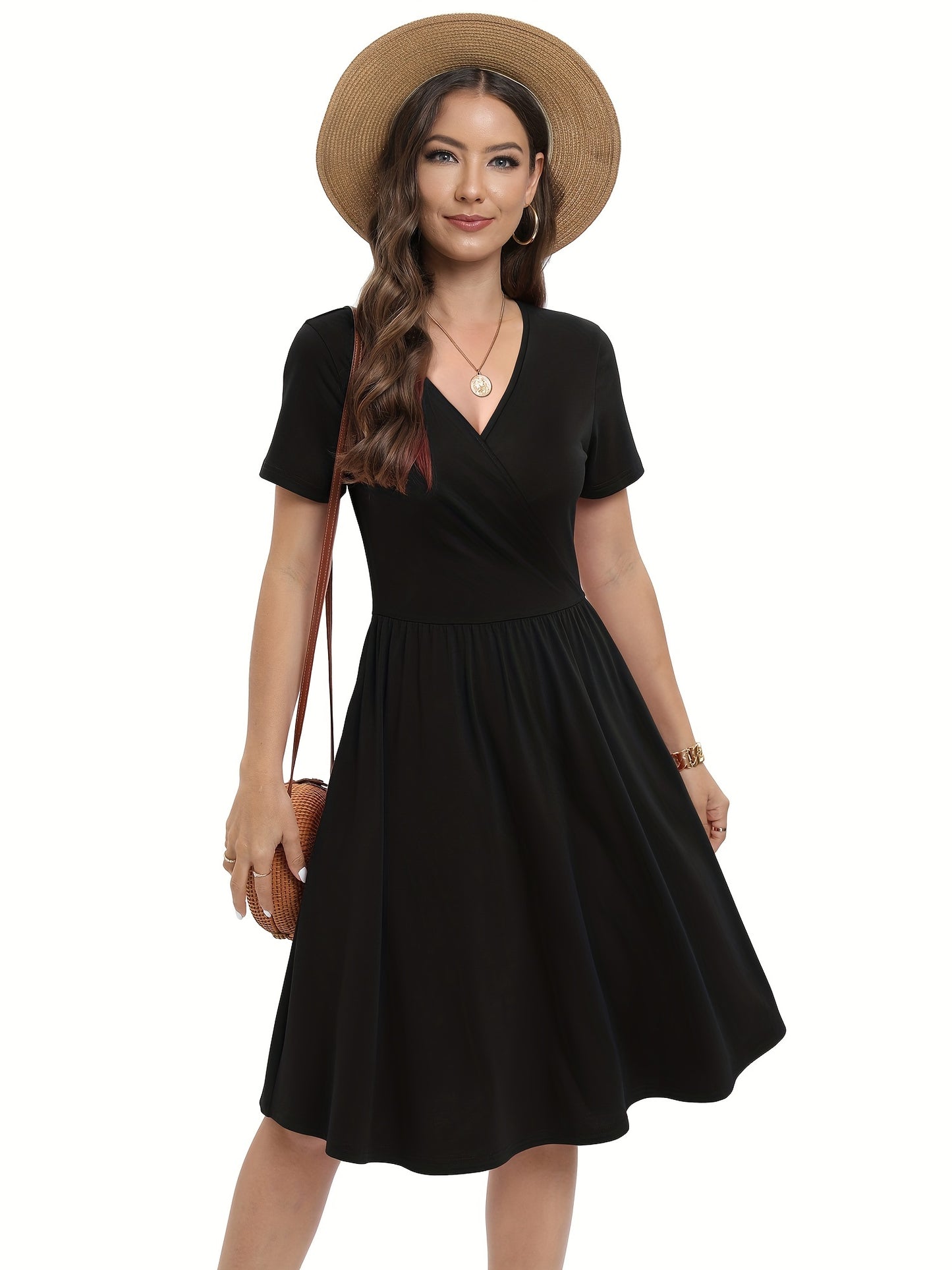A-line Solid V Neck Dress, Casual Short Sleeve Dress For Spring & Summer, Women's Clothing