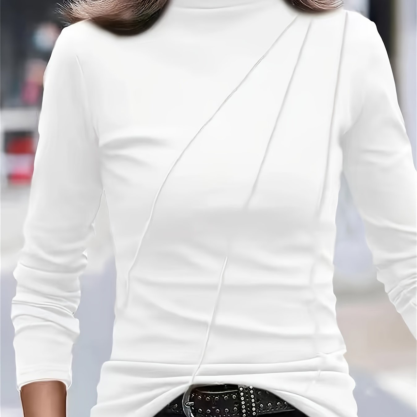 gbolsos Plus Size Mock Neck T-Shirt, Casual Solid Long Sleeve T-Shirt, Women's Plus Size Clothing