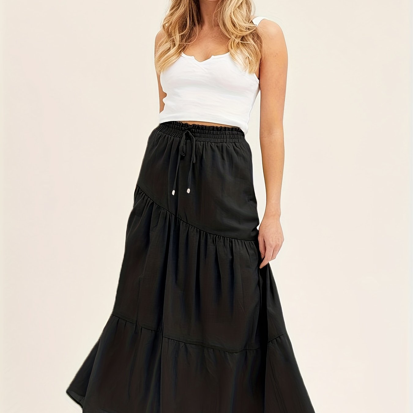 Solid Drawstring High Waist Skirt, Boho Pleated Long Length Skirt, Women's Clothing