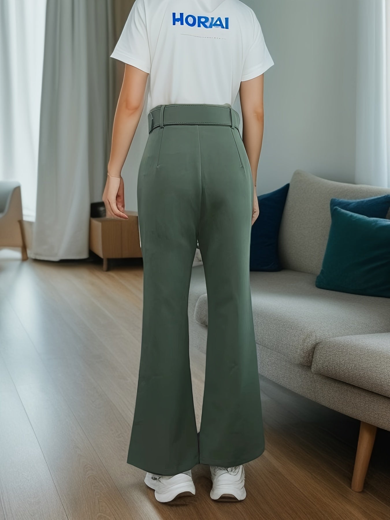 gbolsos Solid Slim Flared Leg Pants, Casual High Waist Commuter Pants With Belt, Women's Clothing