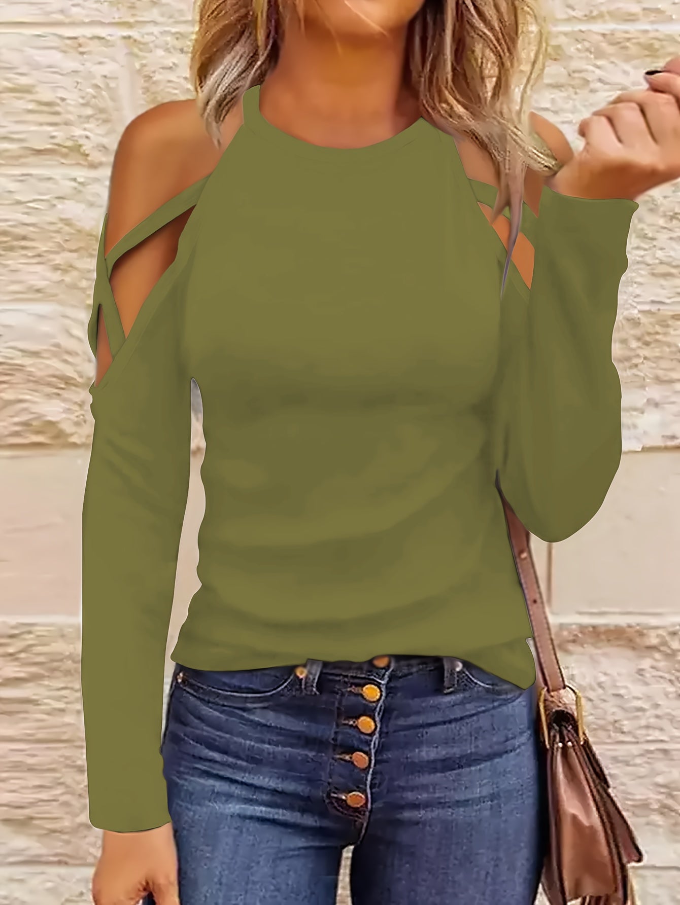 gbolsos Solid Cold Shoulder Crew Neck T-Shirt, Casual Long Sleeve Top For Spring & Fall, Women's Clothing