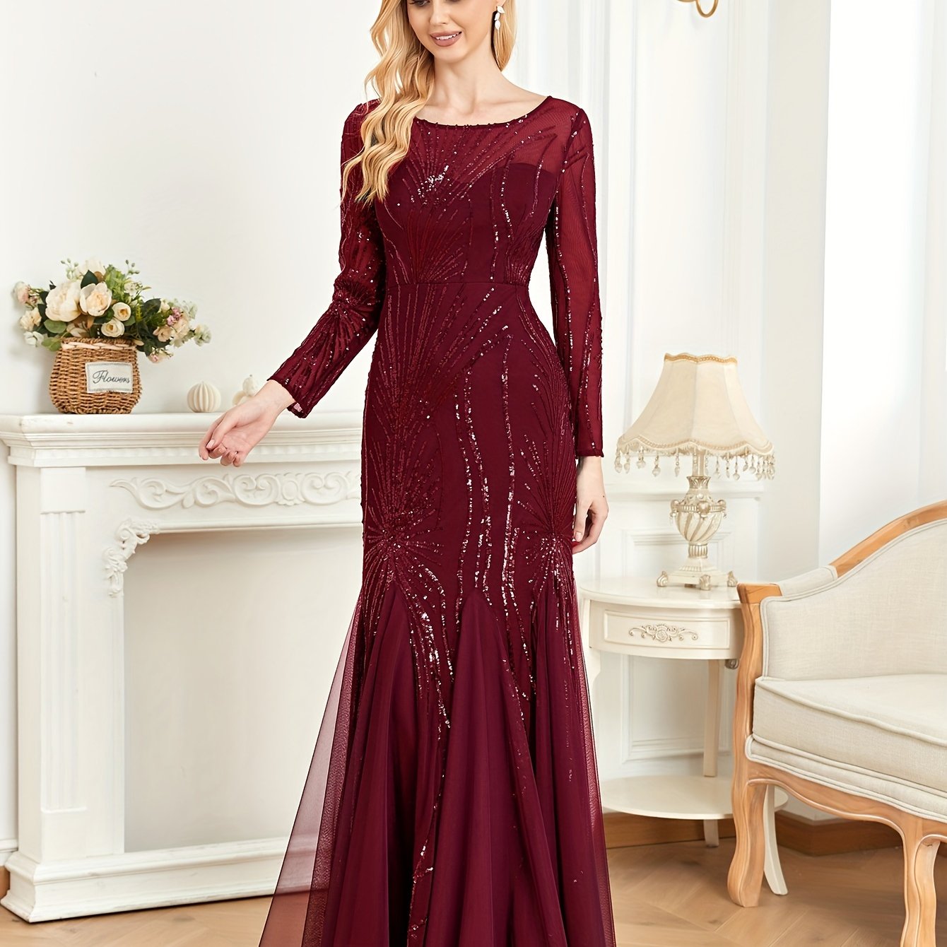 gbolsos Sequined Ruffle Mesh Splicing Dress, Elegant Long Sleeve Crew Neck Mermaid Hem Dress For For Party & Banquet, Women's Clothing