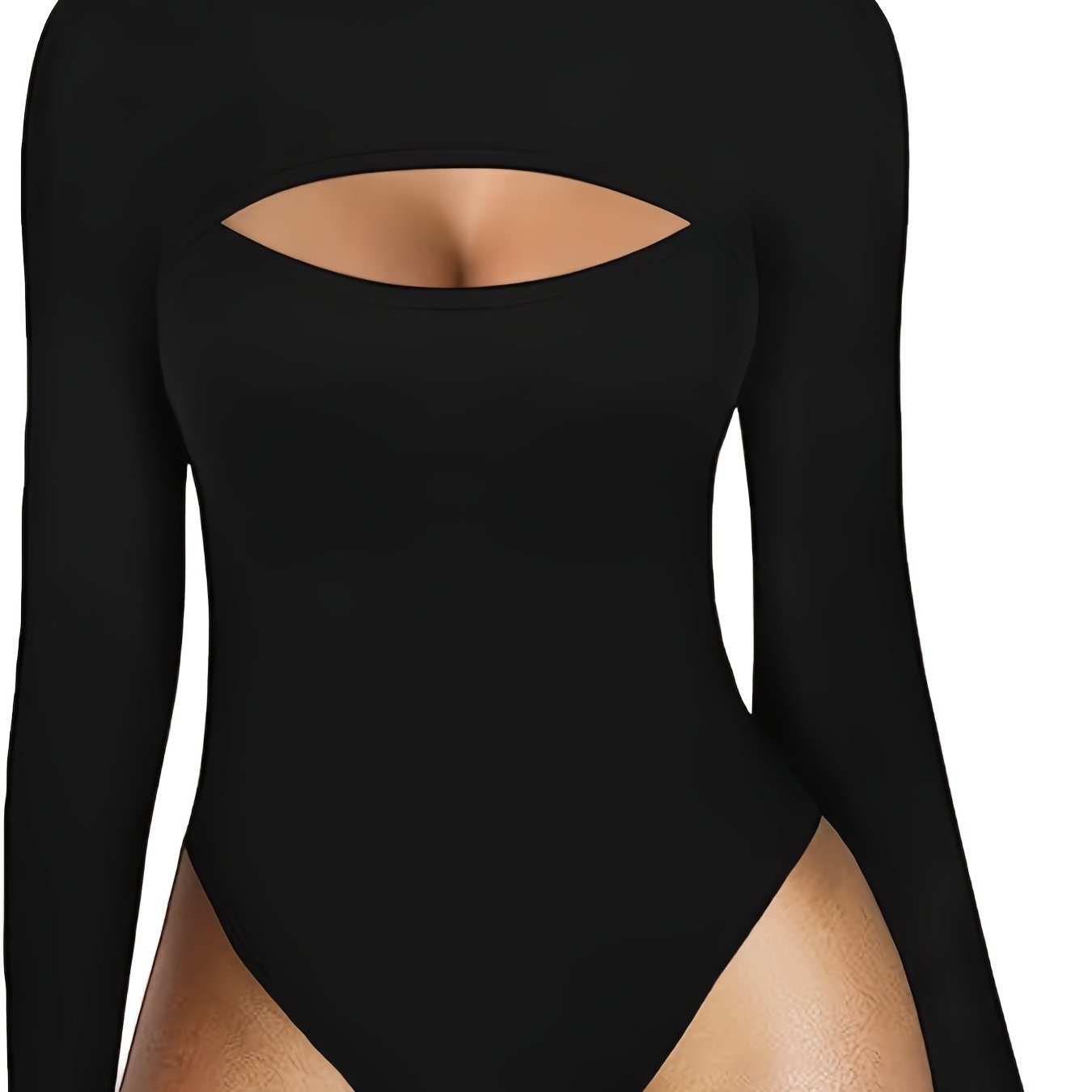 gbolsos Plus Size Sexy Bodysuit, Women's Plus Solid Cut Out Front Long Sleeve High Neck Slim Fit Bodysuit