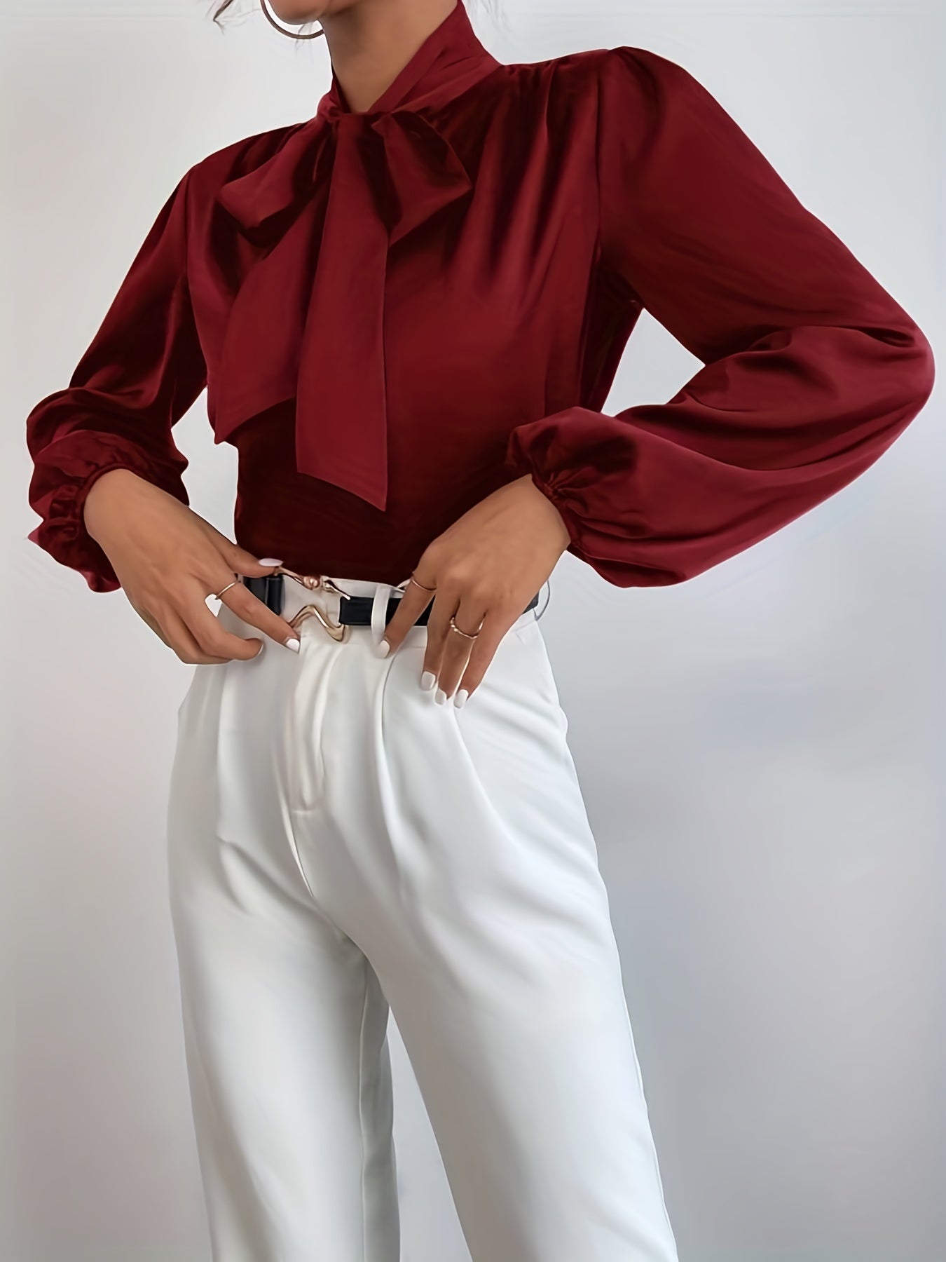 gbolsos Tie Neck Lantern Sleeve Blouse, Elegant Solid Blouse For Office & Work, Women's Clothing
