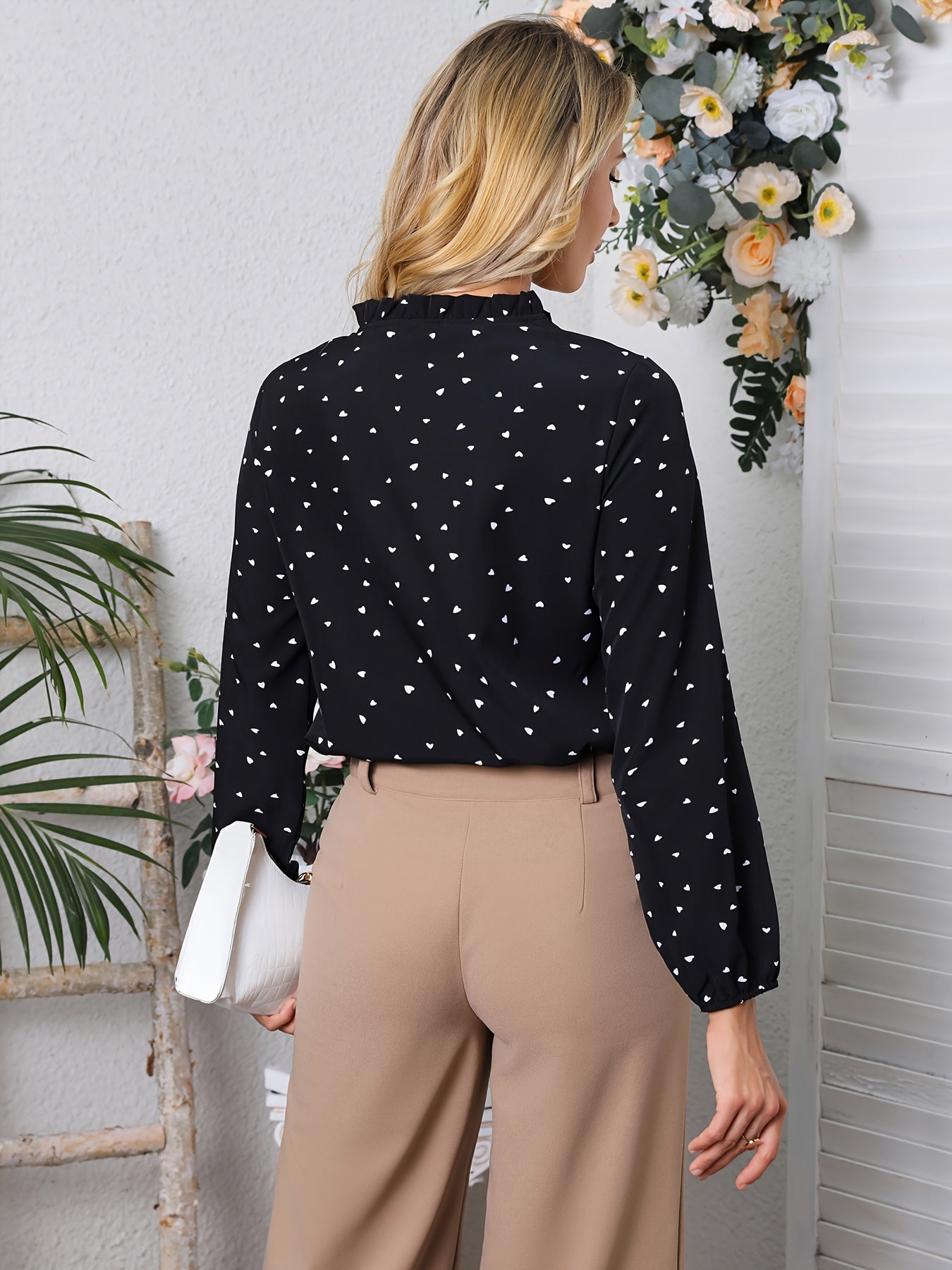 gbolsos Confetti Heart Print Blouse, Elegant Tie Front Long Sleeve Blouse, Women's Clothing