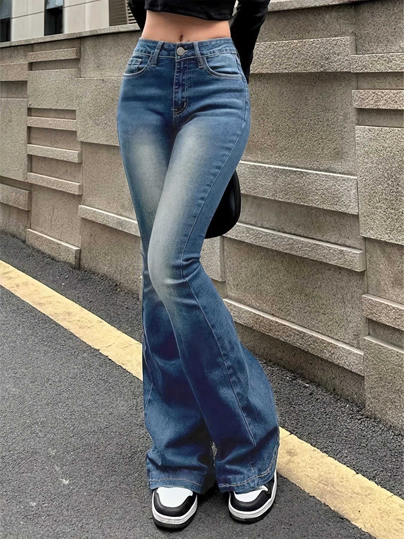 gbolsos Blue Washed Retro Flare Jeans, Slim Fit High Stretch Slant Pockets Bell Bottom Jeans, Women's Denim Jeans & Clothing