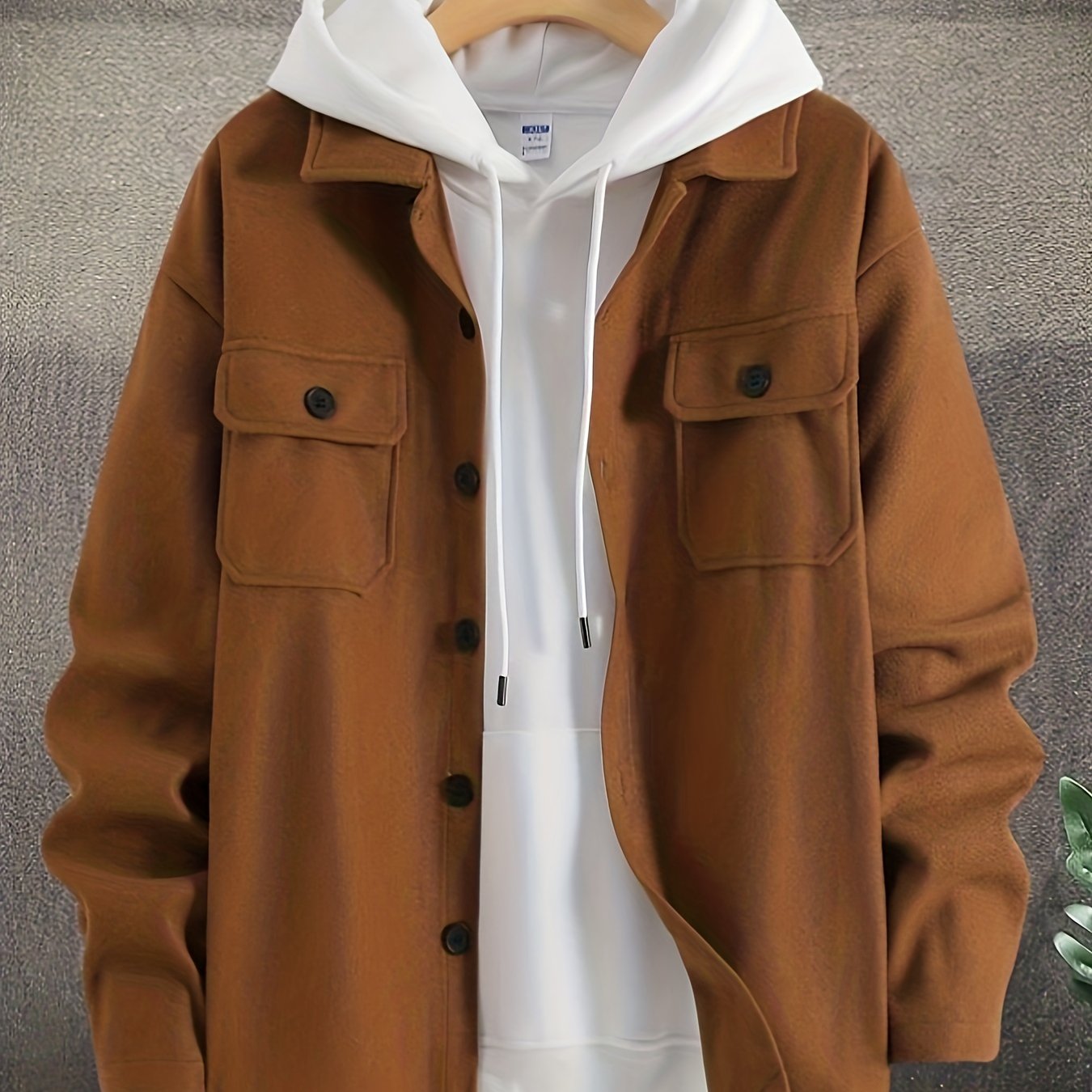 gbolsos Fashionable And Trendy Men's Solid Shirt Lapel Button Long Sleeve Woolen Shirt Jacket, Suitable For Winter And Autumn