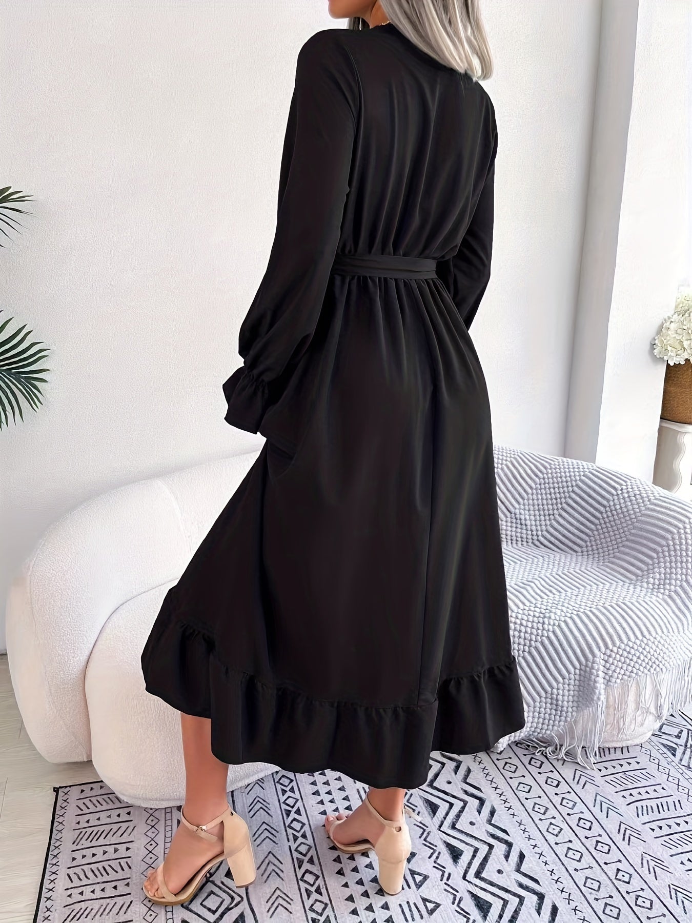 gbolsos Guipure Lace Ruched Dress, Casual V Neck Long Sleeve Ruffle Hem Dress, Women's Clothing