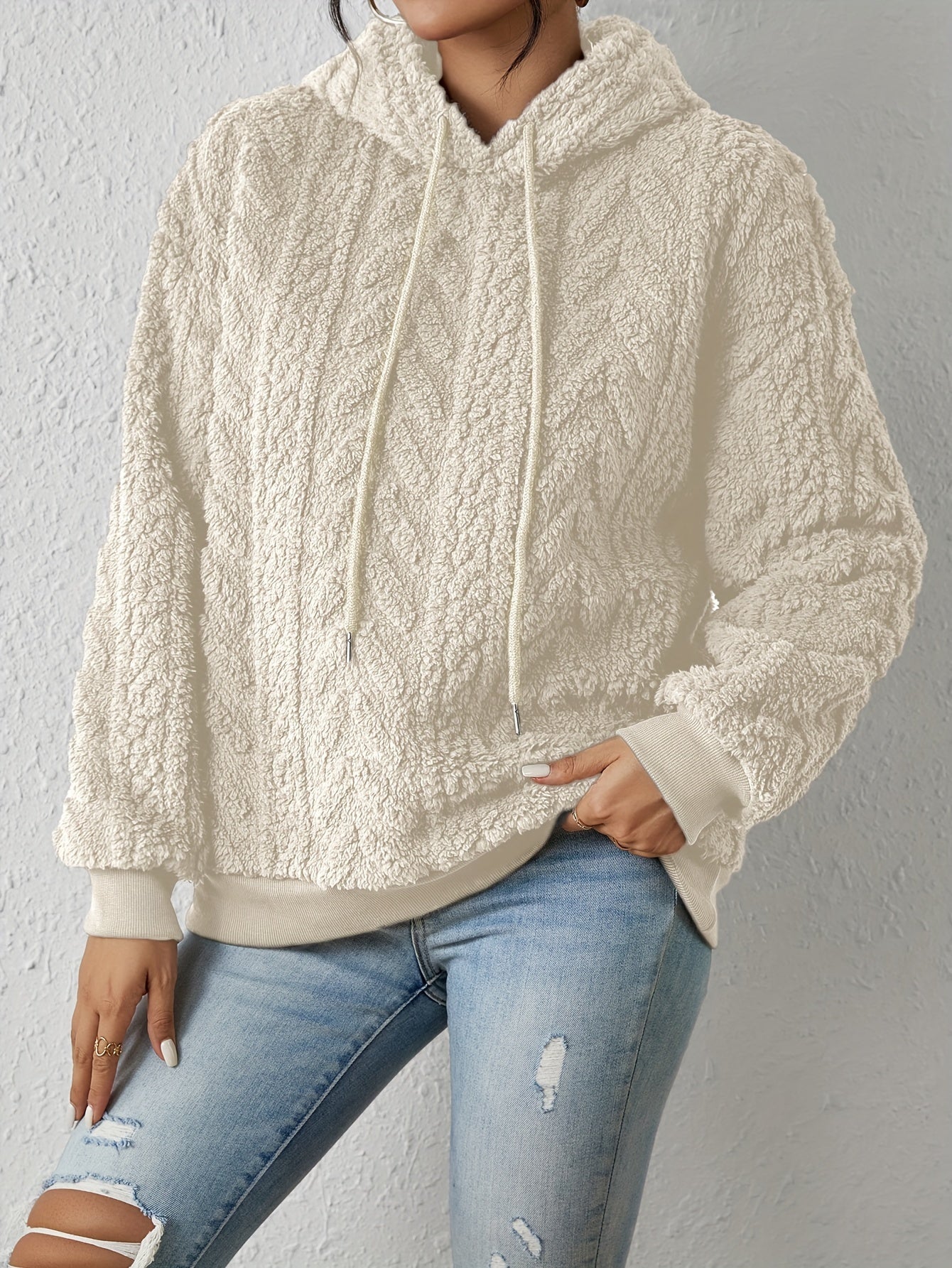 Textured Hoodie Plush Sweatshirt, Casual Long Sleeve Drawstring Hoodies Sweatshirt, Women's Clothing