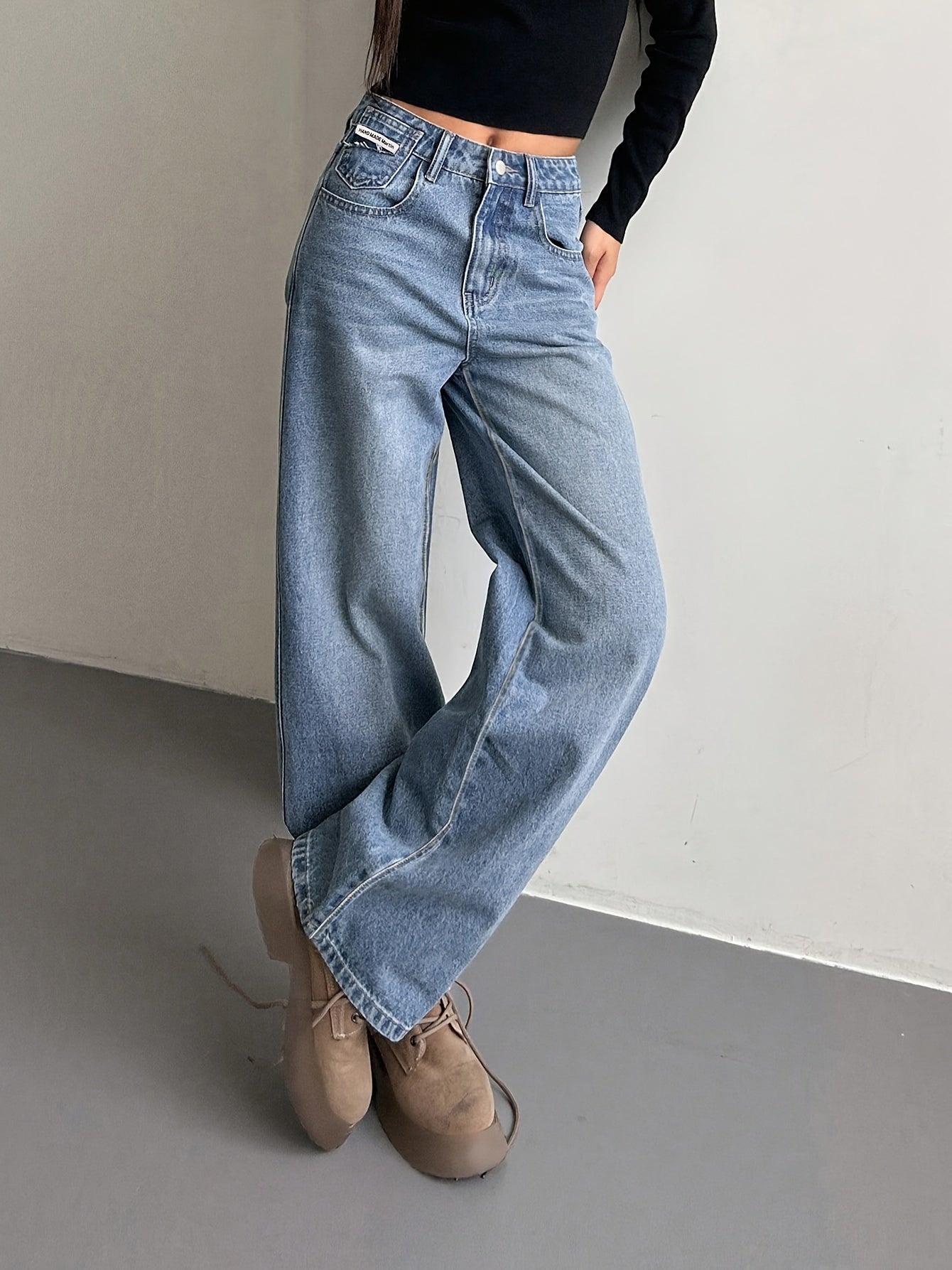 gbolsos Loose Fit Washed Straight Jeans, Slant Pockets Non-Stretch Casual Denim Pants, Women's Denim Jeans & Clothing