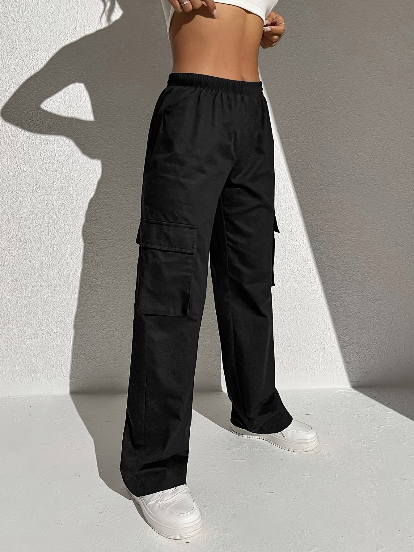 gbolsos Solid Flap Pocket Loose Cargo Pants, Casual Elastic Waist Versatile Pants, Women's Clothing