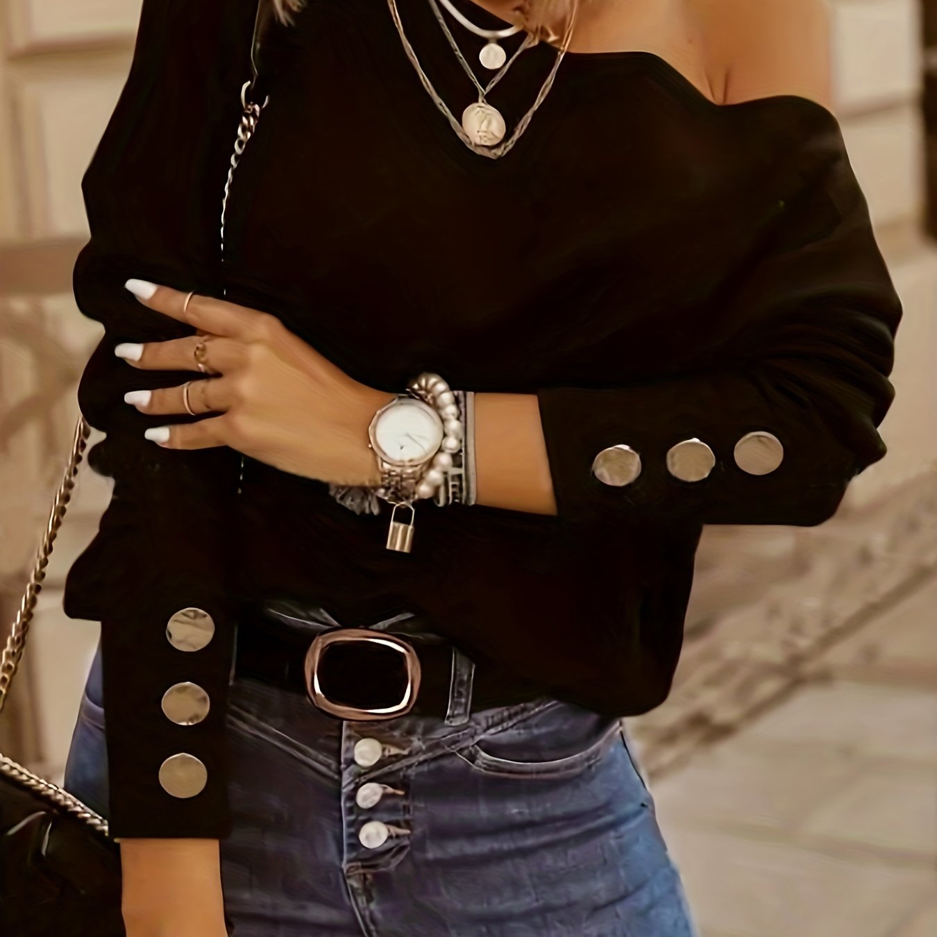 gbolsos Button Decor One-shoulder T-Shirt, Casual Long Sleeve T-Shirt For Spring & Fall, Women's Clothing