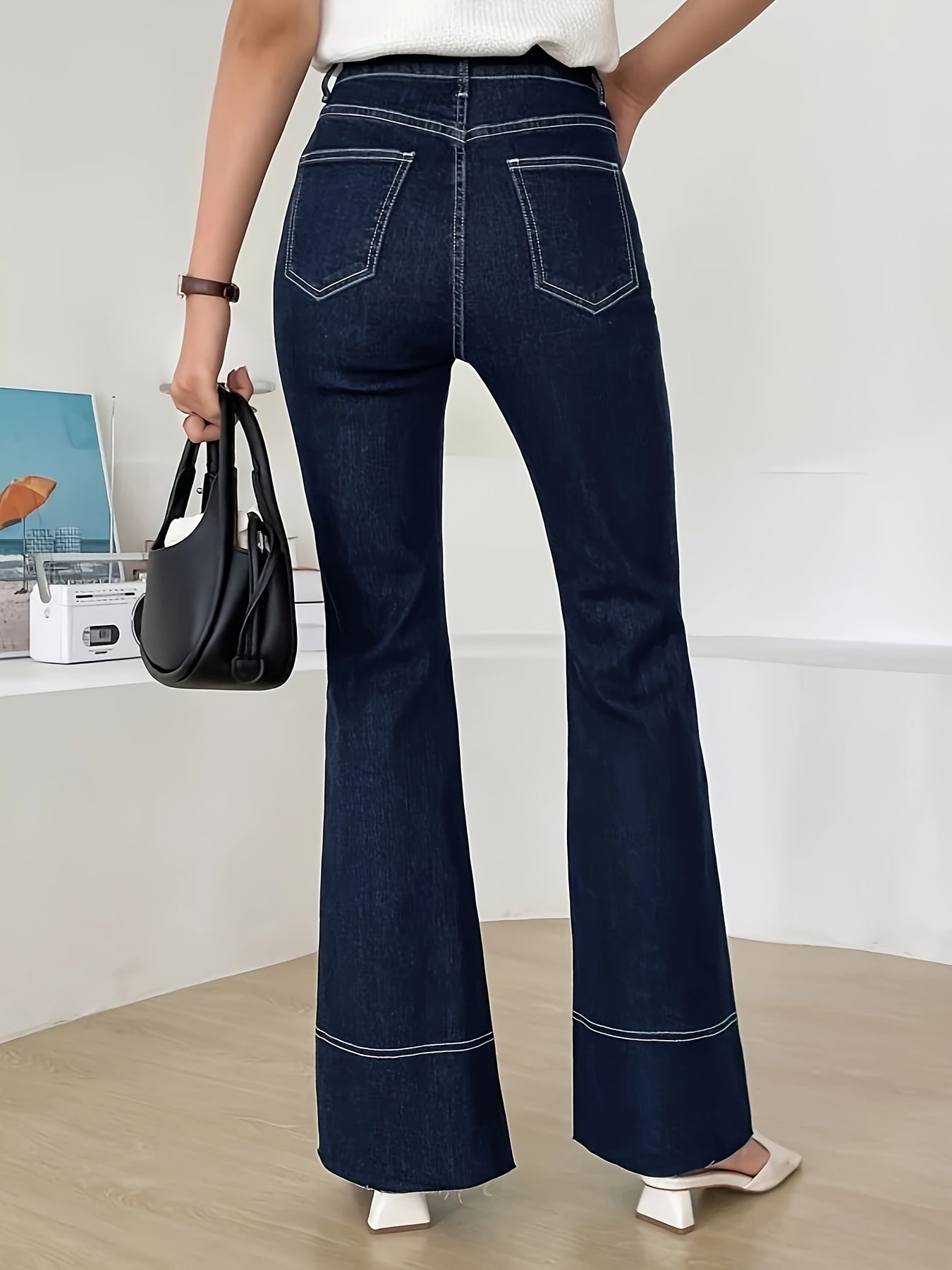 Contrast Seam Stitching Asymmetric Button Waist Detail Flare Leg Jeans, Plain Dark Blue Medium Stretch Unique Denim Pants, Women's Denim Jeans & Clothing