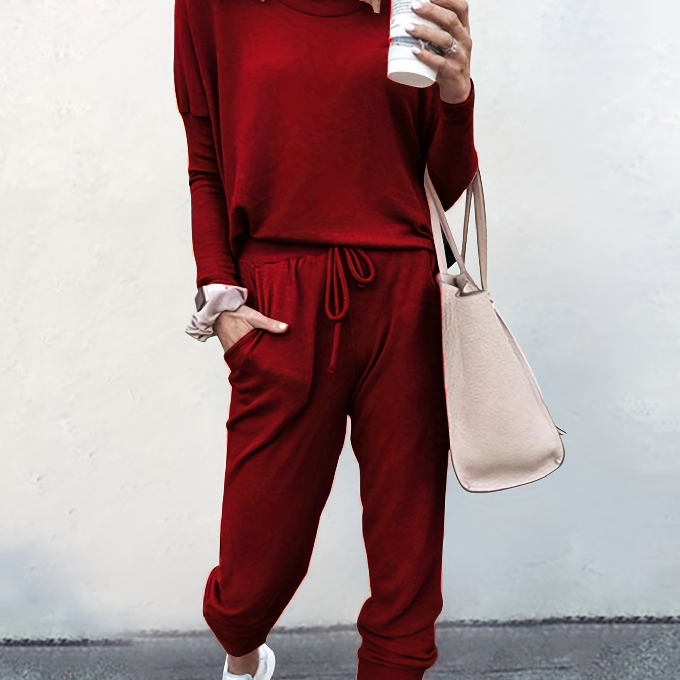gbolsos Casual Solid Two-piece Set, Long Sleeve T-shirt & Drawstring Pants Outfits, Women's Clothing
