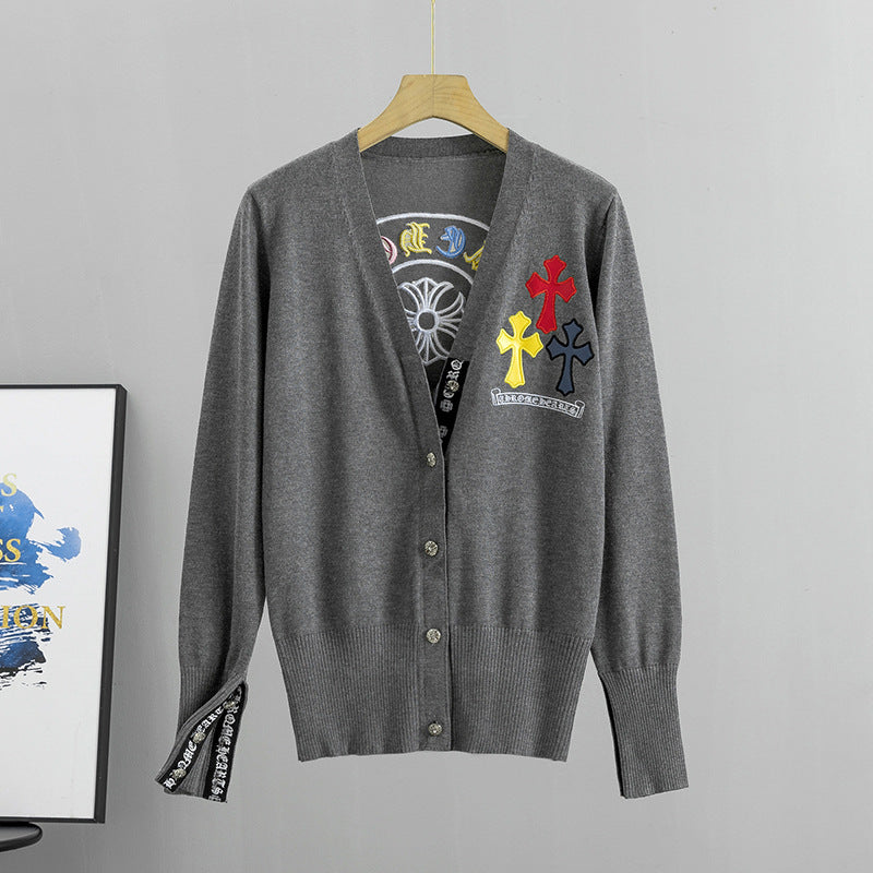 GBOLSOS Cross-border 2025 trade spring new female alphabet embroidered sweater Korean version V-neck outer wear knitted cardigan jacket knitted sweater