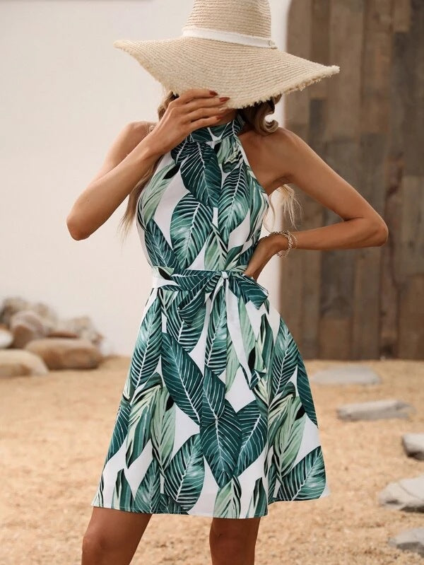 gbolsos Tropical Print High Neck Dress, Boho Keyhole Sleeveless Summer Dress, Women's Clothing