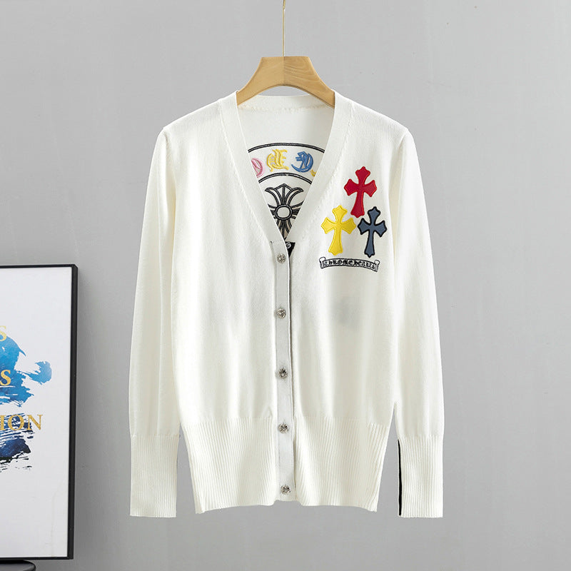 GBOLSOS Cross-border 2025 trade spring new female alphabet embroidered sweater Korean version V-neck outer wear knitted cardigan jacket knitted sweater