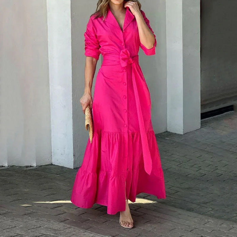 gbolsos Solid Button Front Belted Dress, Elegant Ruched Sleeve Ruffle Trim Maxi Dress, Women's Clothing