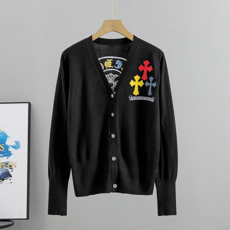 GBOLSOS Cross-border 2025 trade spring new female alphabet embroidered sweater Korean version V-neck outer wear knitted cardigan jacket knitted sweater