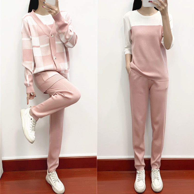 GBOLSOS Hot trade 2025 autumn and winter temperament three-piece set women's 2025 style age-reducing casual fashion knitted jacket sweater three-piece set