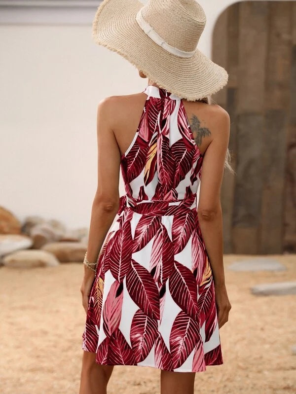 gbolsos Tropical Print High Neck Dress, Boho Keyhole Sleeveless Summer Dress, Women's Clothing