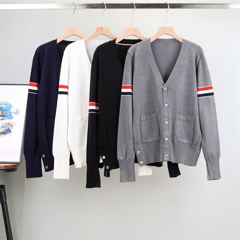 GBOLSOS New spring and autumn new college style tb double sleeve webbing crew neck long sleeve knitted sweater sweater loose and thin sweater women