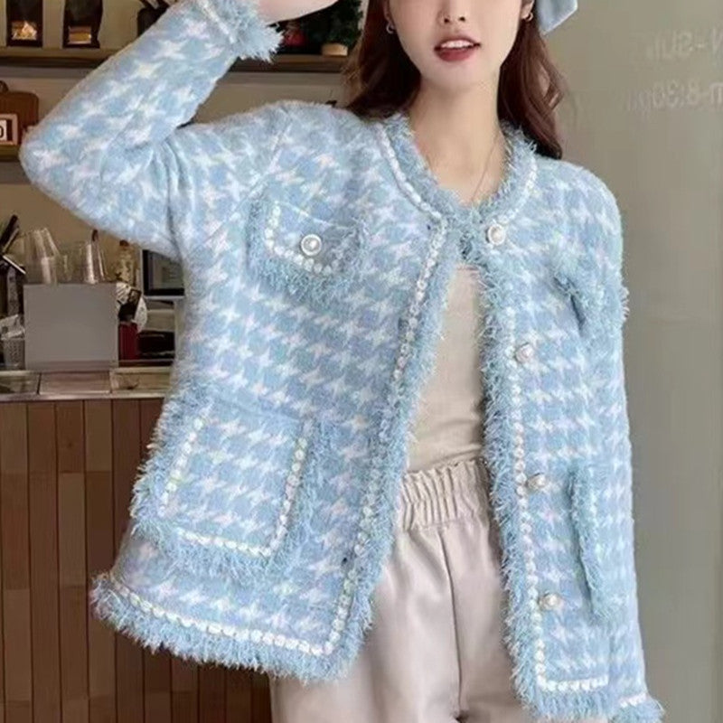 Plus Size Elegant Coat, Women's Plus Plaid Tweed Raw Trim Long Sleeve Button Detail Round Neck Slim Fit Coat