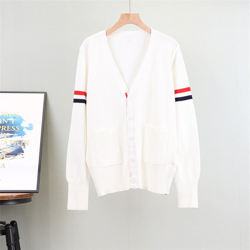 GBOLSOS New spring and autumn new college style tb double sleeve webbing crew neck long sleeve knitted sweater sweater loose and thin sweater women