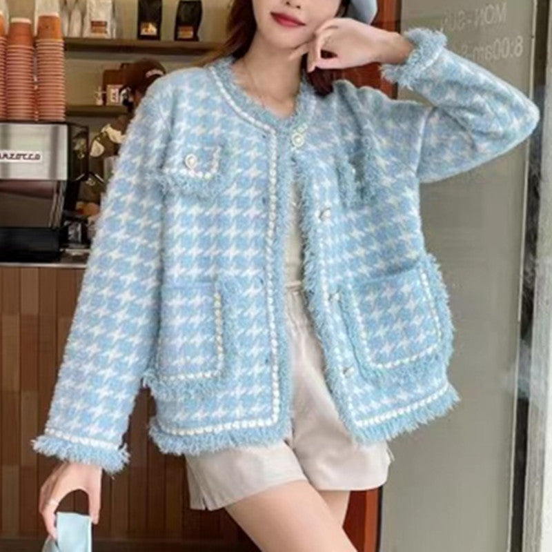 Plus Size Elegant Coat, Women's Plus Plaid Tweed Raw Trim Long Sleeve Button Detail Round Neck Slim Fit Coat