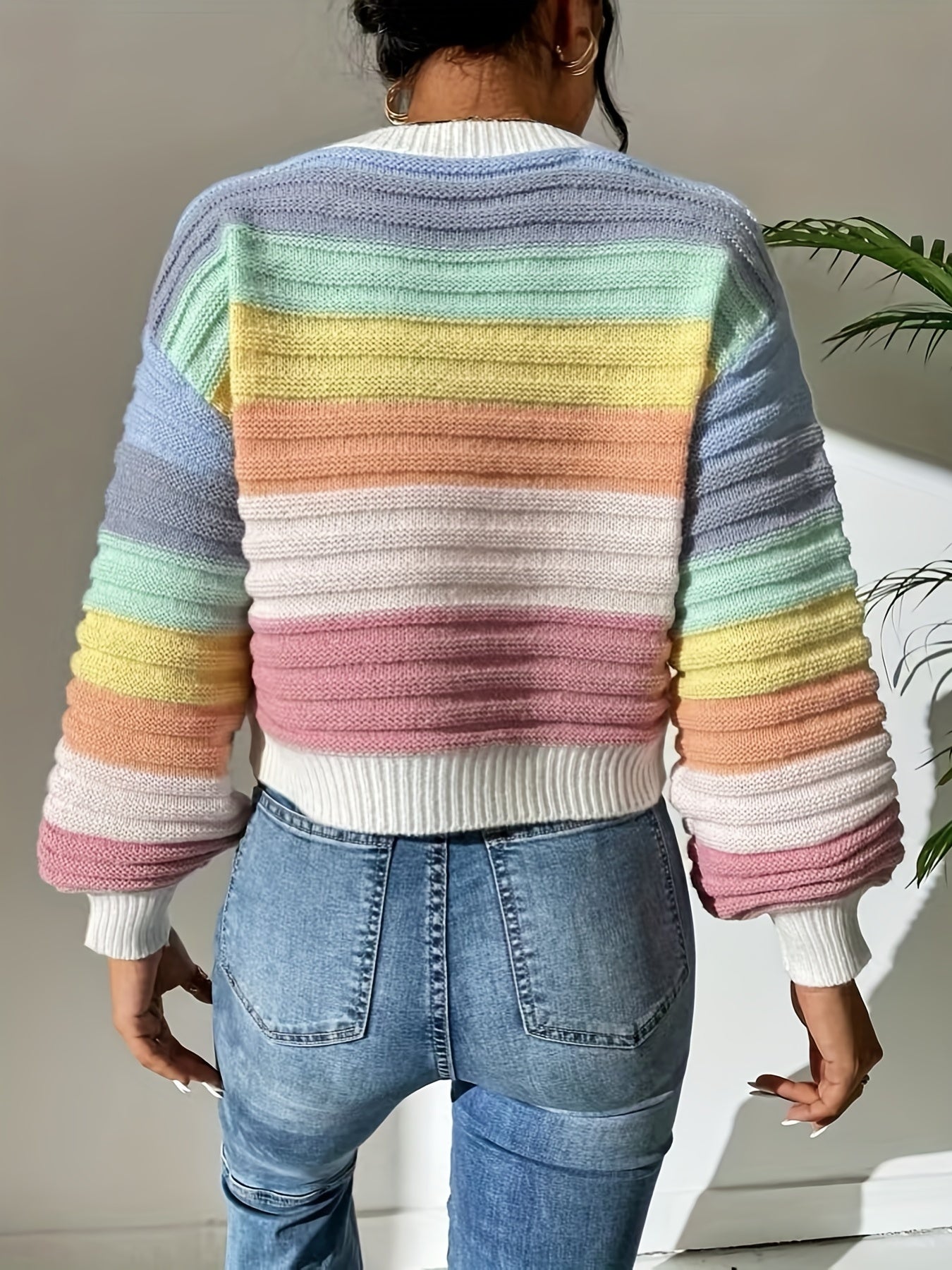 gbolsos Striped Pattern Crew Neck Sweater, Casual Long Lantern Sleeve Sweater For Spring & Fall, Women's Clothing