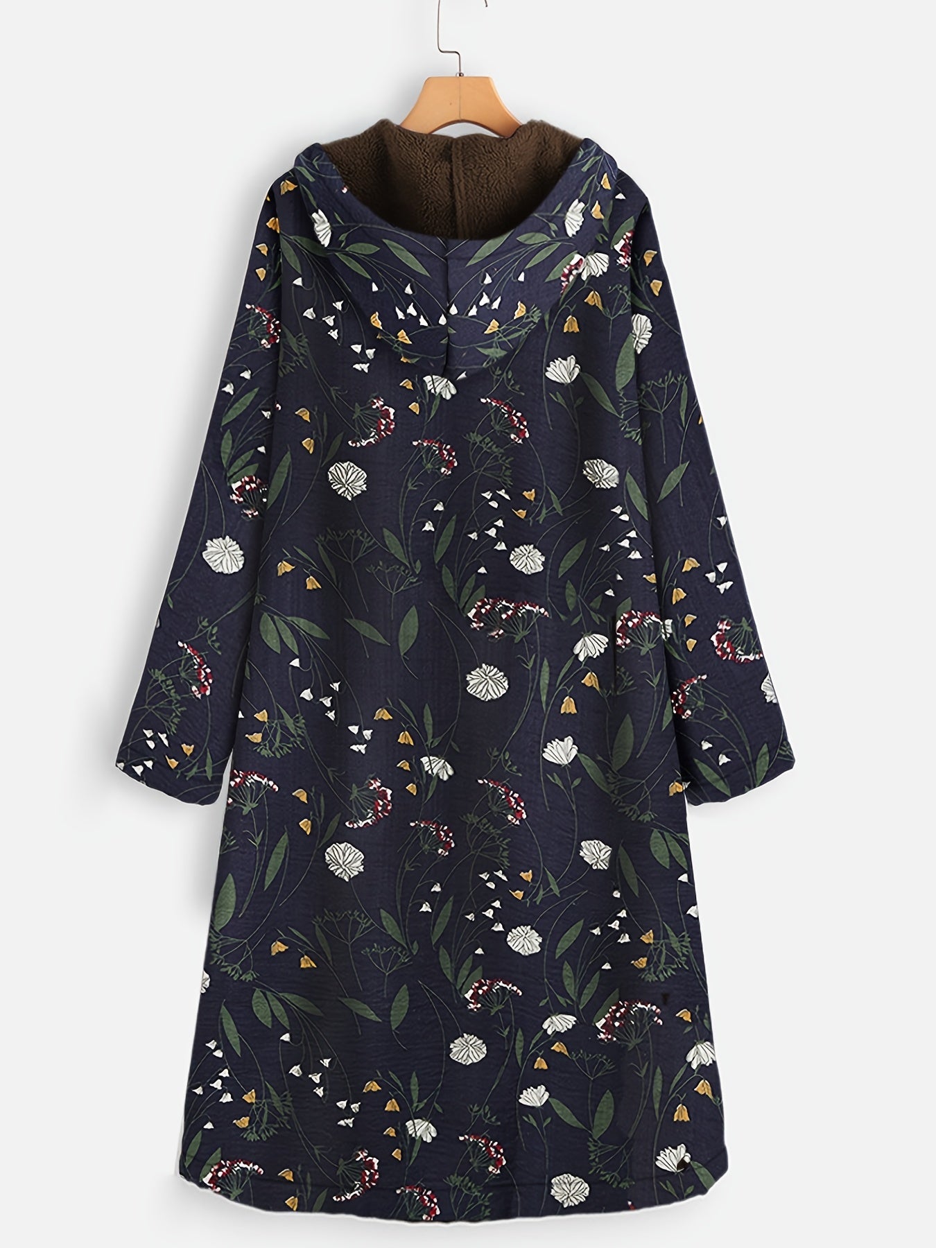 Plus Size Floral Print Fleece Liner Hoodie Oversized Coat, Women's Plus Casual Coat
