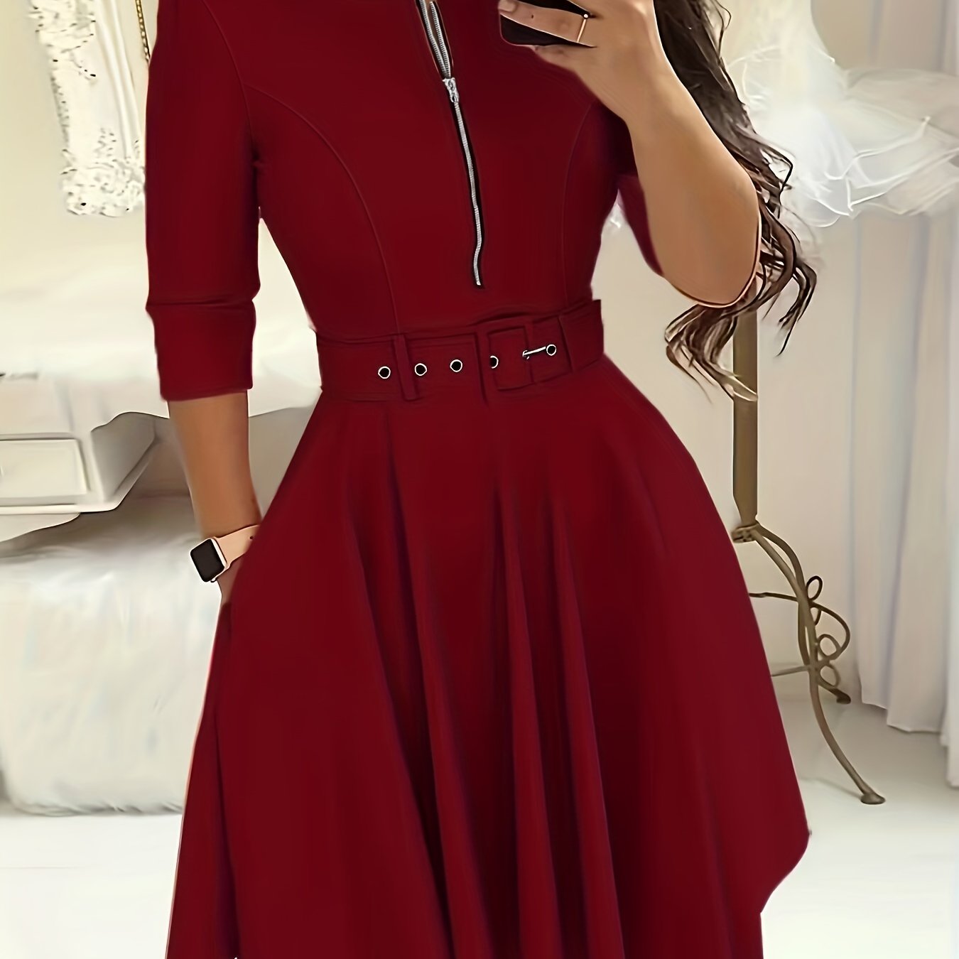gbolsos Women's Dresses Solid Crew Neck Zipper Dresses