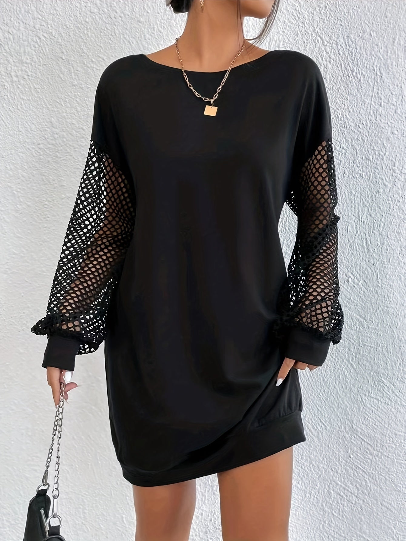 gbolsos Contrast Mesh Solid Dress, Elegant Crew Neck Long Sleeve Dress, Women's Clothing