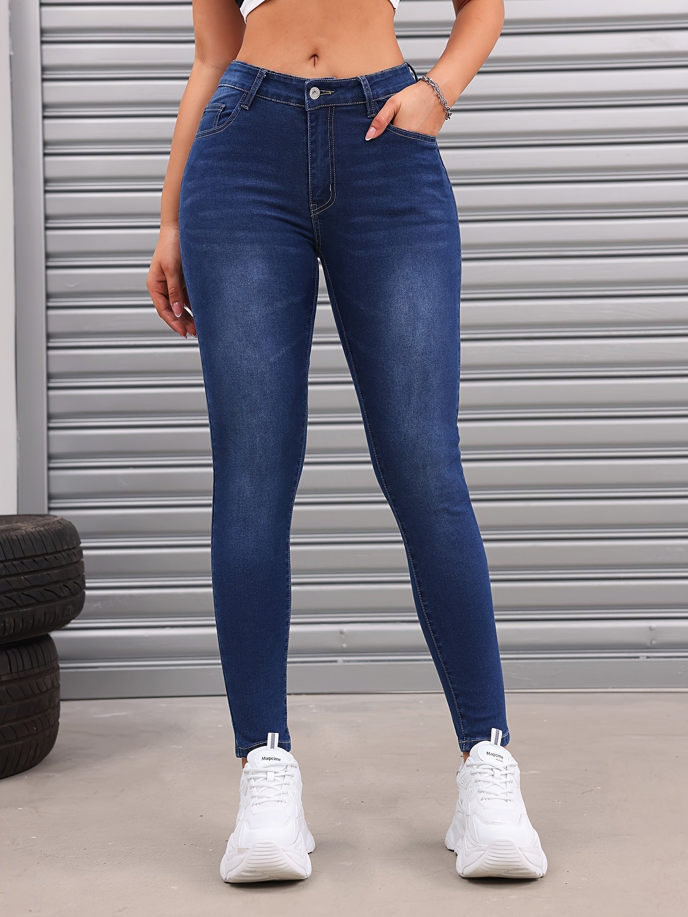 Fleece Liner Washed Skinny Jeans, Mid-Stretch Keep Warm Slim Fit Tight Jeans, Women's Denim Jeans & Clothing