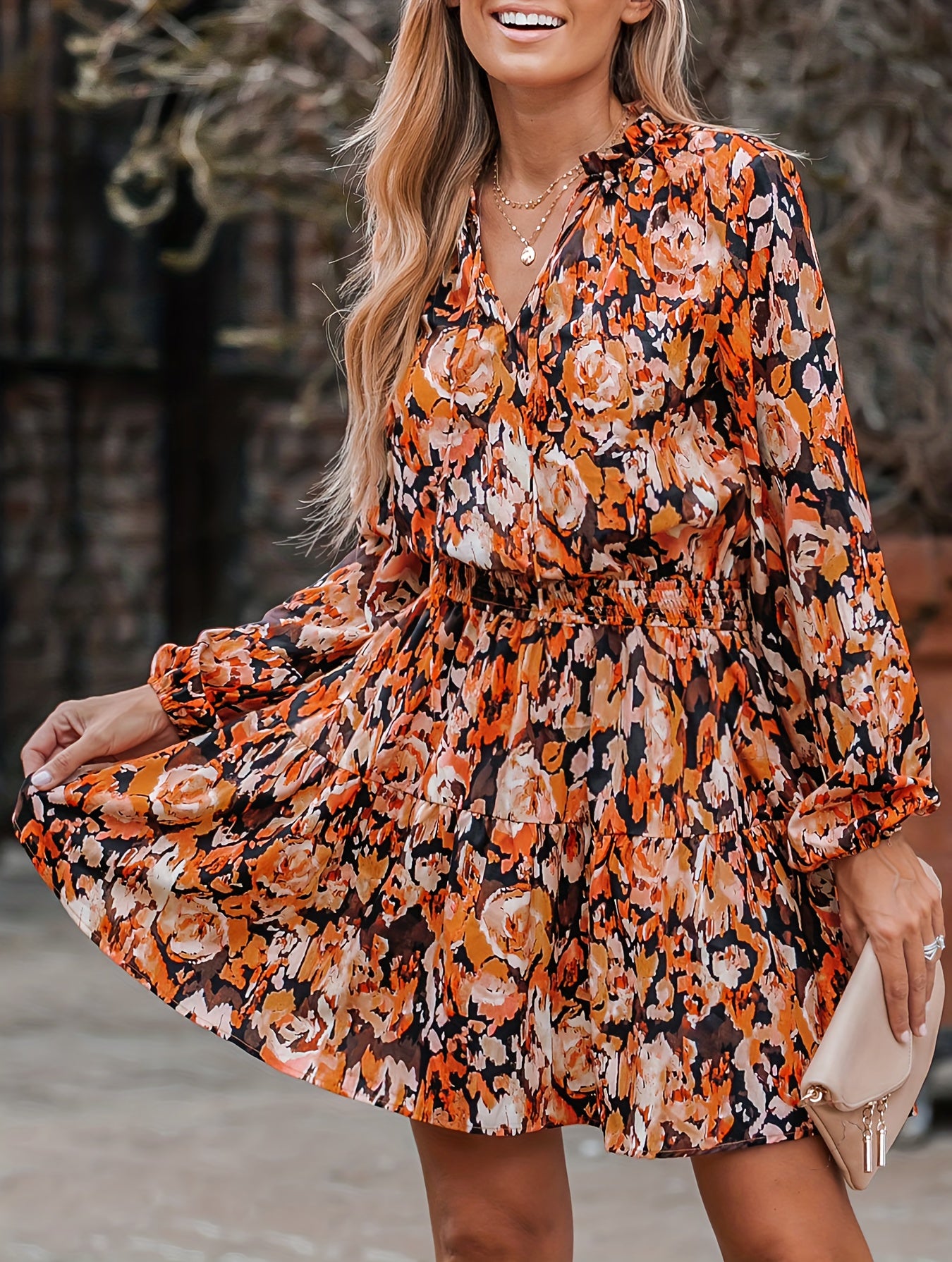 gbolsos Floral Print V Neck Dress, Casual Long Sleeve Dress, Women's Clothing