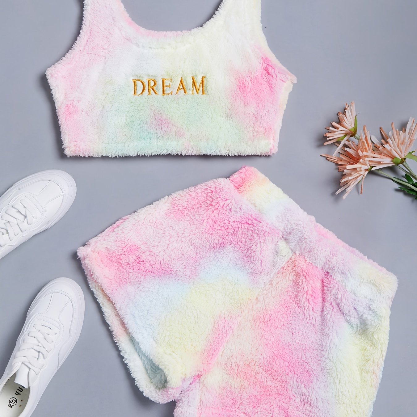 Fluffy Comfortable Pajamas Set, Crop Tank Sleeveless Top & Comfortable Shorts Loungewear Set For Valentine's Gifts, Women's Loungewear & Sleepwear