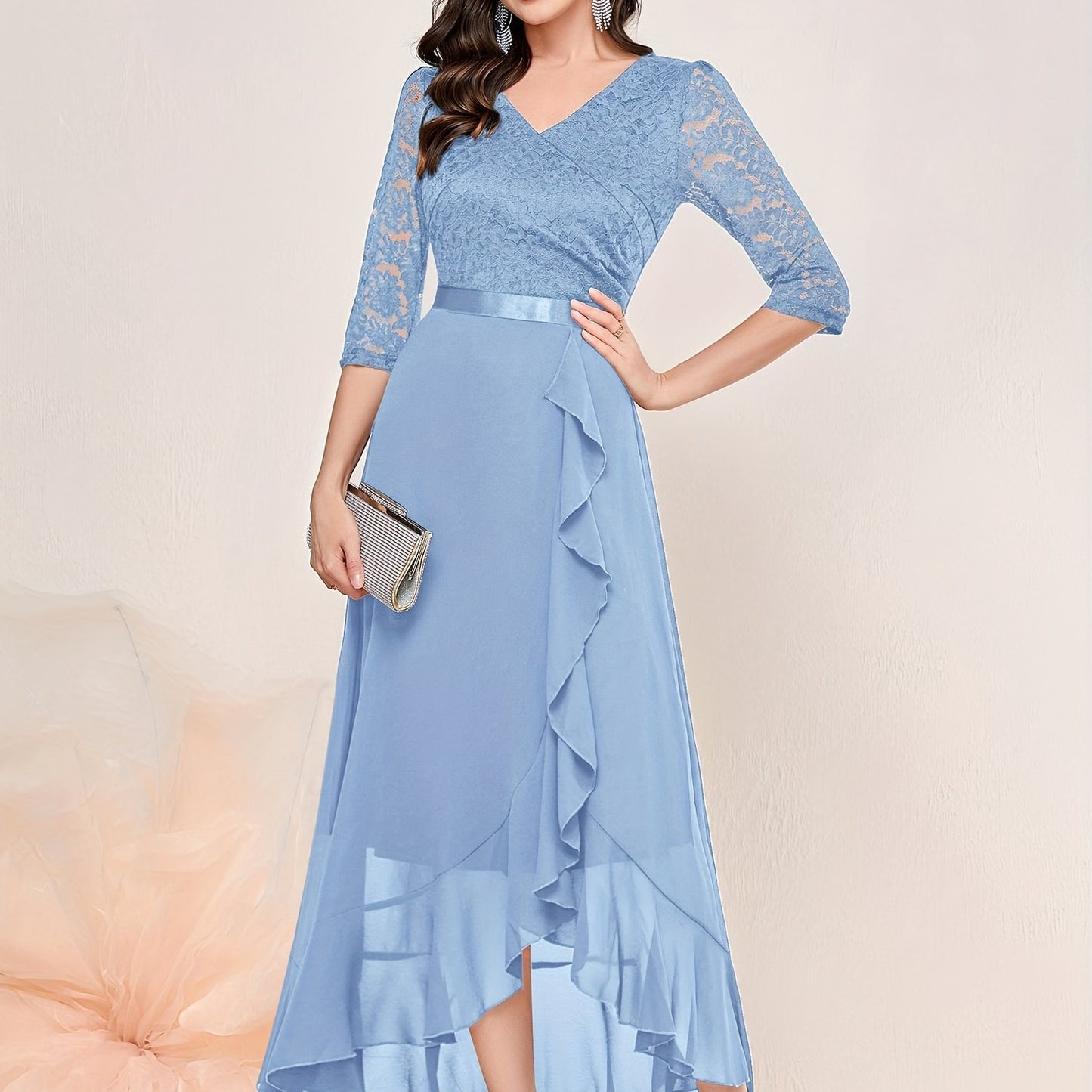 gbolsos Solid V Neck Lace Splicing Dress, Elegant Ruffle Trim Dress For Wedding & Banquet, Women's Clothing