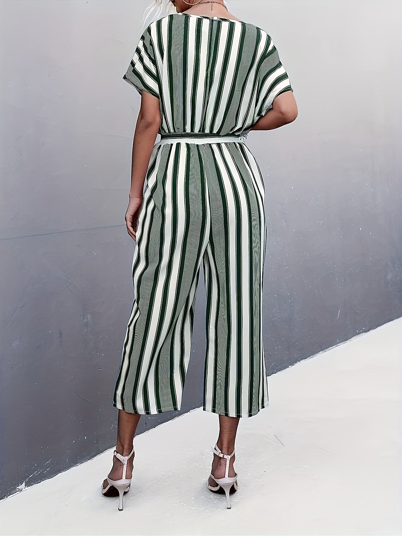 gbolsos Striped Surplice Neck Belted Jumpsuit, Casual Batwing Sleeve Jumpsuit For Spring & Summer, Women's Clothing